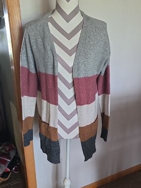 Open-Front Striped Colorblock Cardigan - Gray, Pink, Cream, Brown